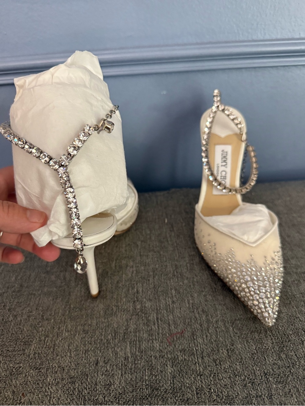 Jimmy Choo Saeda White Crystal-Embellished Pointed Toe Heels 37 1/2